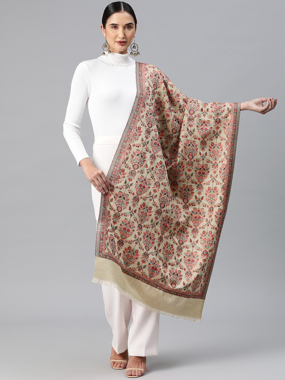 

Sangria Ethnic Motifs Woven Design Winter Pashmina Shawl, Beige