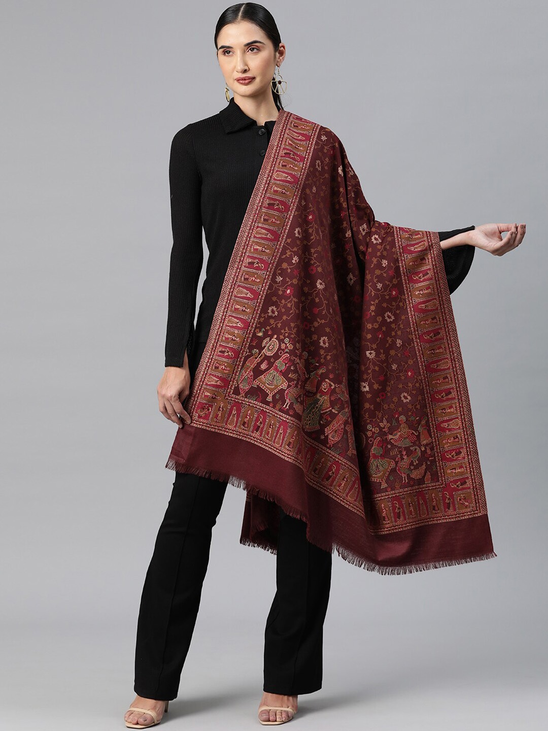 

Sangria Ethnic Motifs Woven Design Winter Pashmina Shawl, Maroon