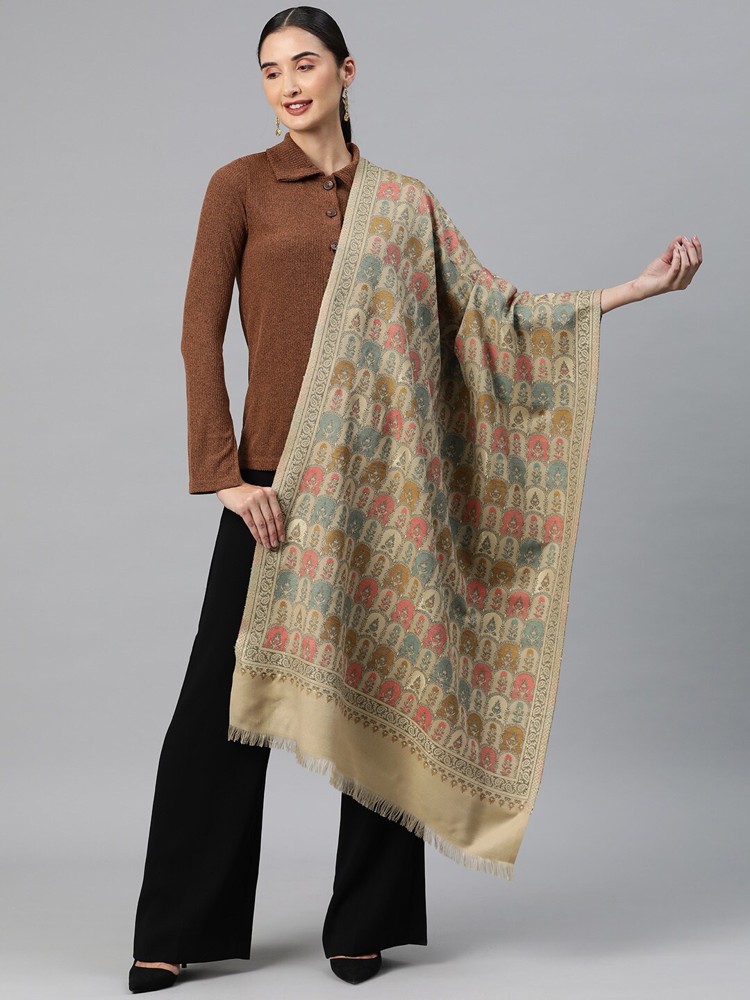 

Sangria Woven Design Winter Pashmina Shawl, Beige