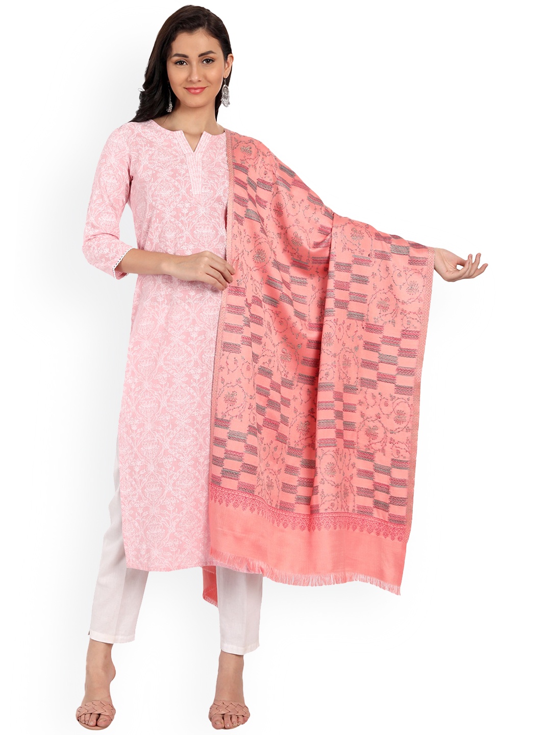 

Sangria Ethnic Motifs Woven Design Winter Pashmina Shawl, Peach