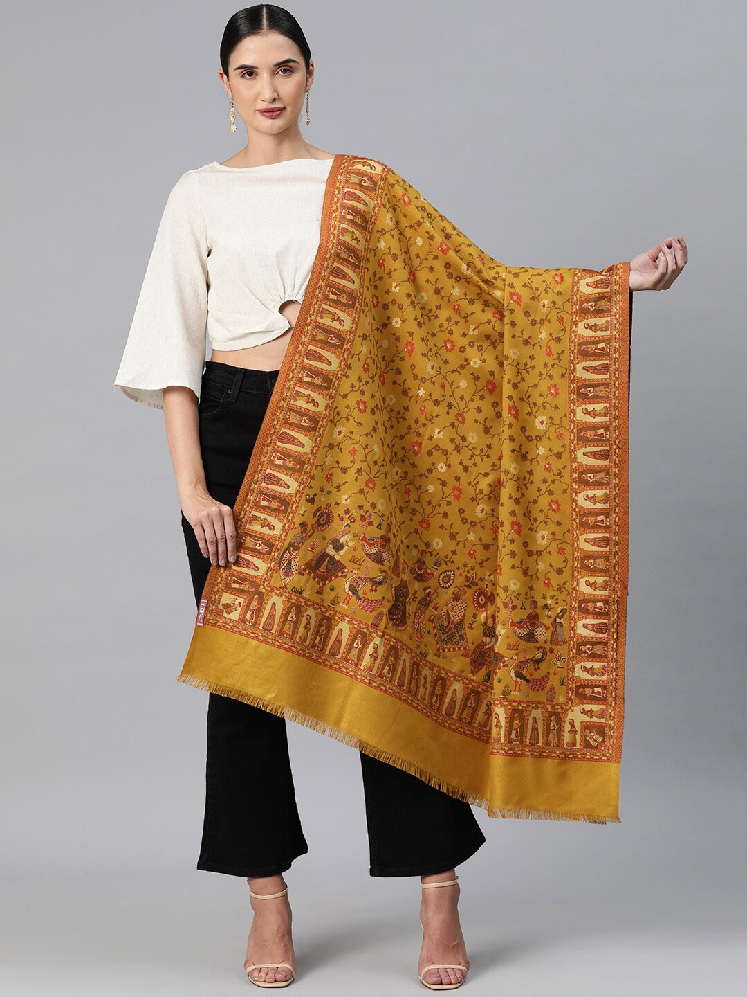 

Sangria Ethnic Motifs Woven Design Winter Pashmina Shawl, Mustard