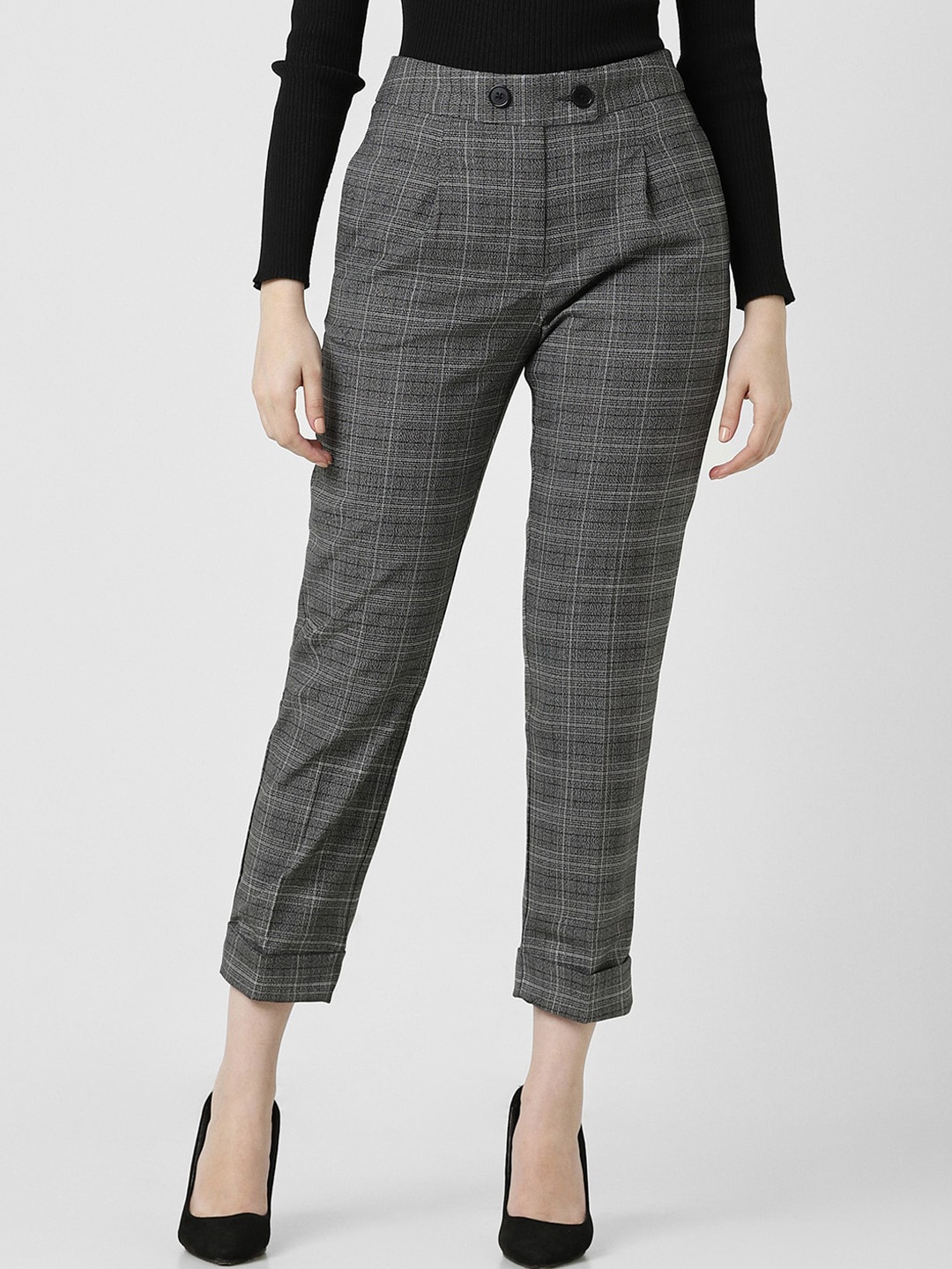 

Van Heusen Woman Slim Fit Mid-Rise Checked Cropped Formal Trouser, Grey