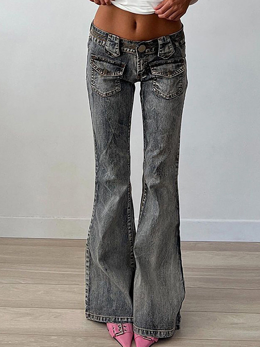 

LULU & SKY Women Flared Low-Rise Heavy Fade Jeans, Grey