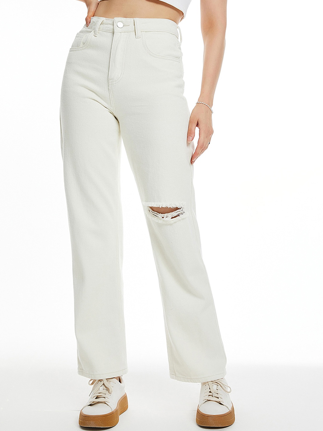 

LULU & SKY Women Straight Fit Slash Knee Jeans, Off white