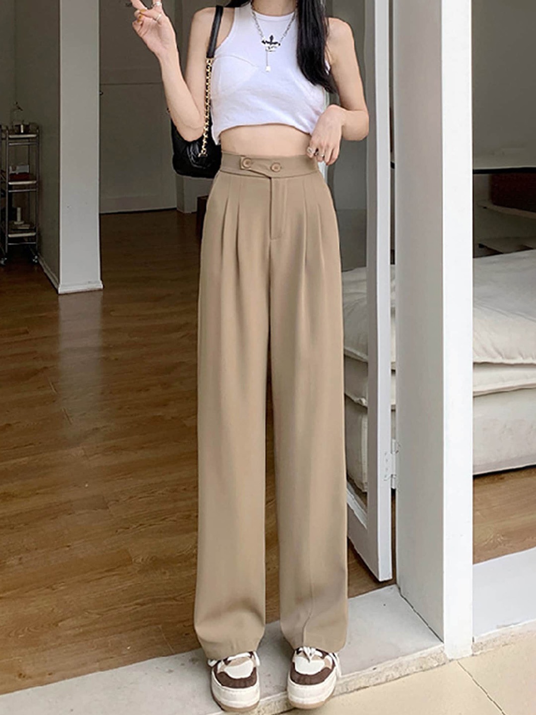 

LULU & SKY Women Loose Fit Pleated Trousers, Khaki