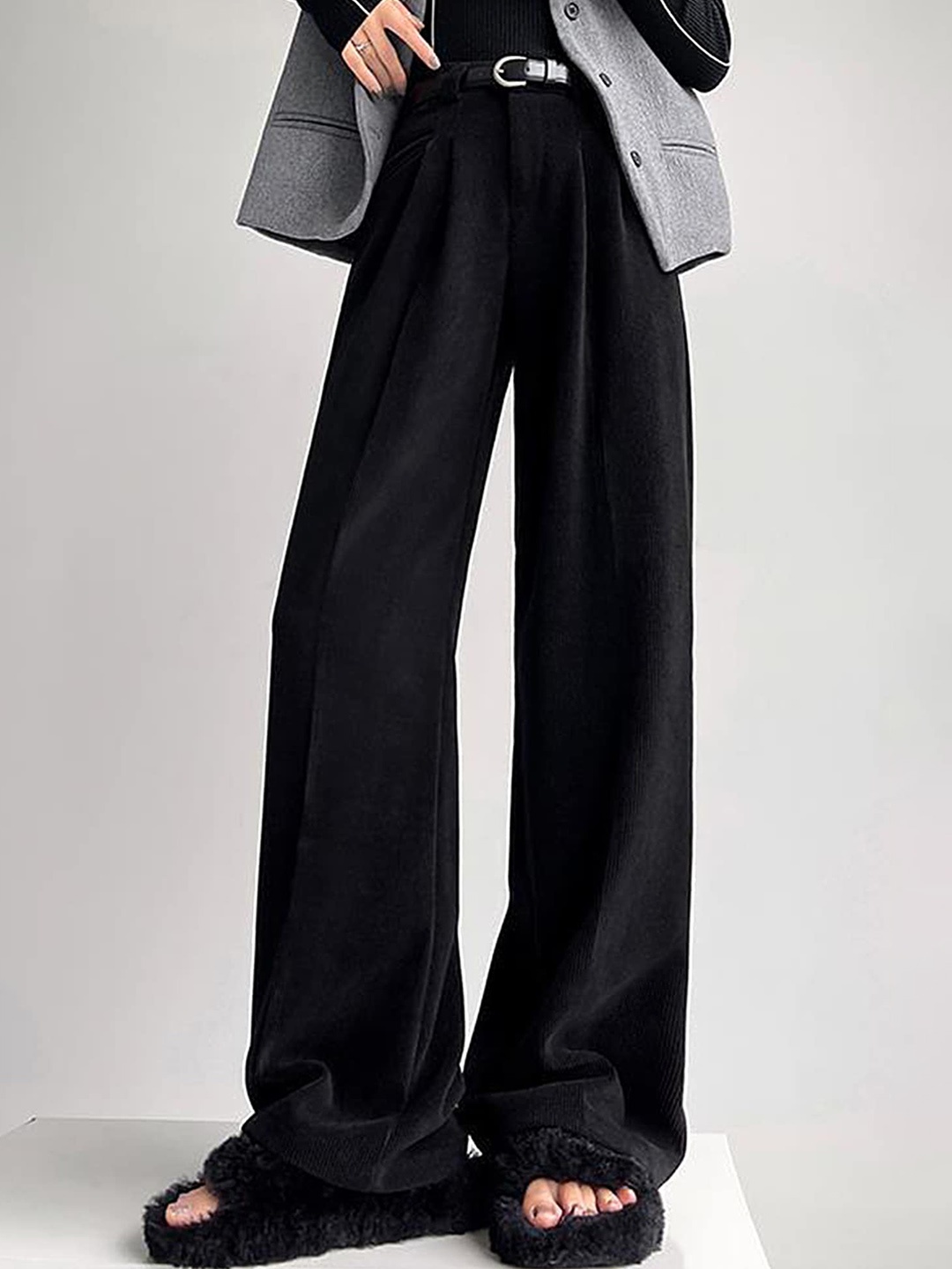 

LULU & SKY Women Loose Fit Corduroy Weave Parallel Trouser, Black