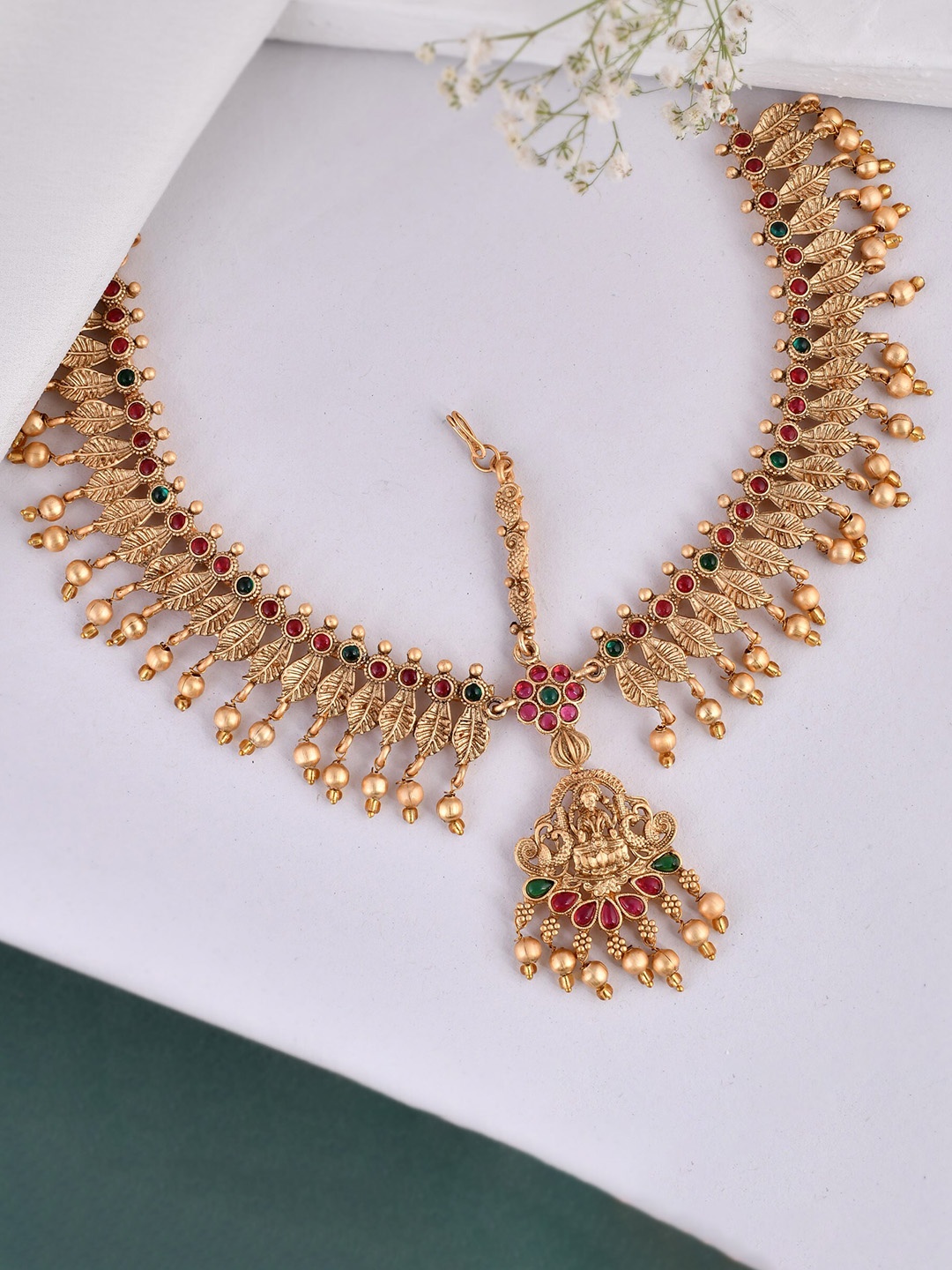 

Silvermerc Designs Gold-Plated Stone-Studded Beaded Matha Patti