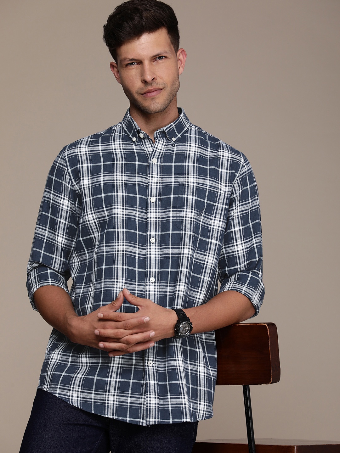 

Nautica Tartan Checked Pure Cotton Casual Shirt, Blue