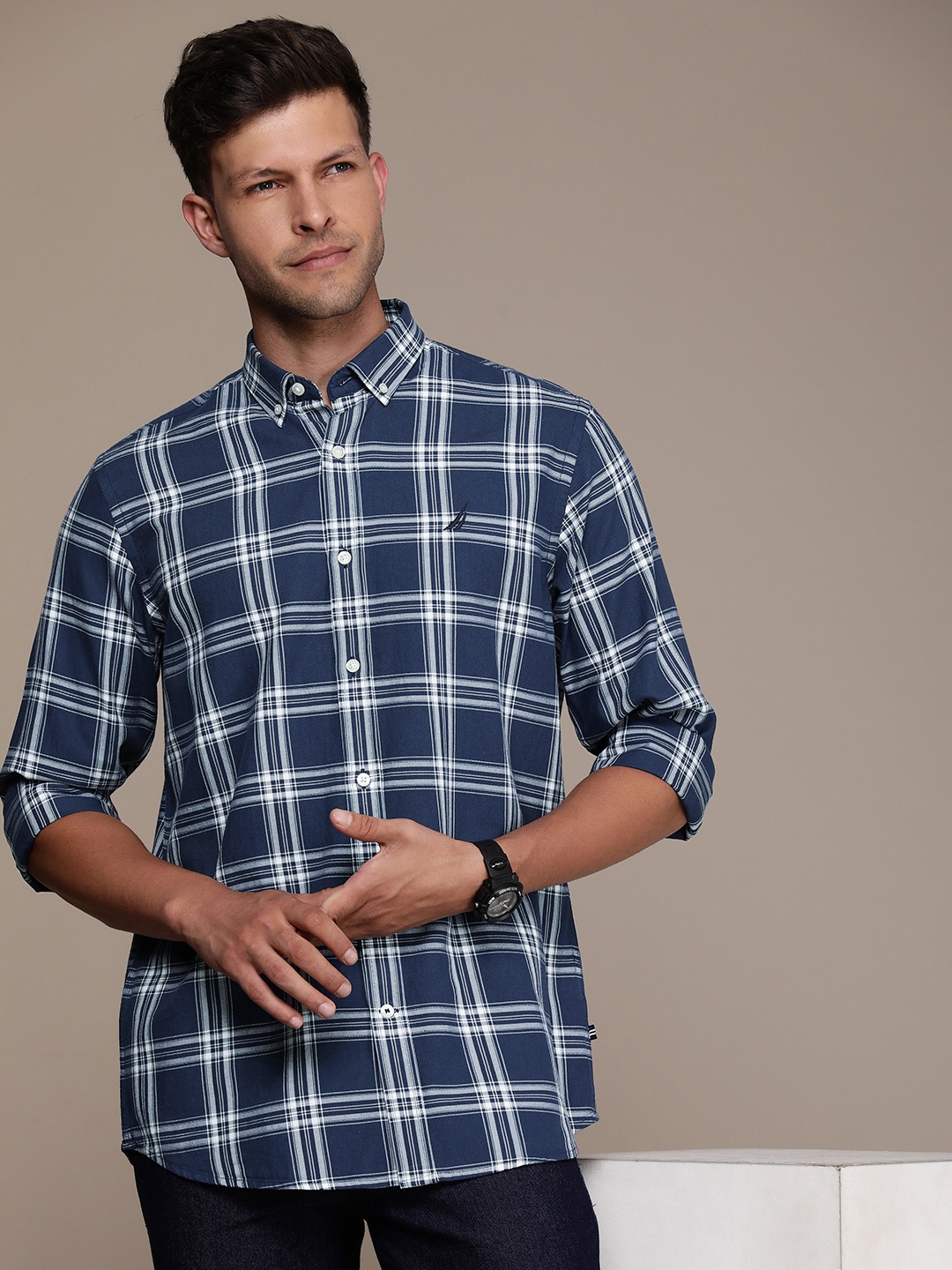 

Nautica Windowpane Checked Pure Cotton Casual Shirt, Navy blue
