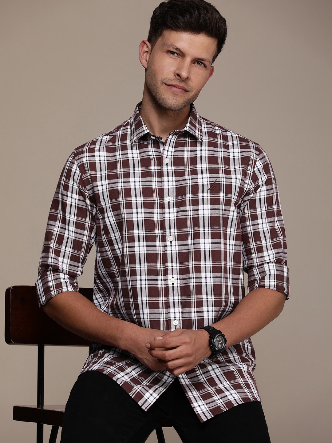 

Nautica Tartan Checked Pure Cotton Slim Fit Casual Shirt, Maroon