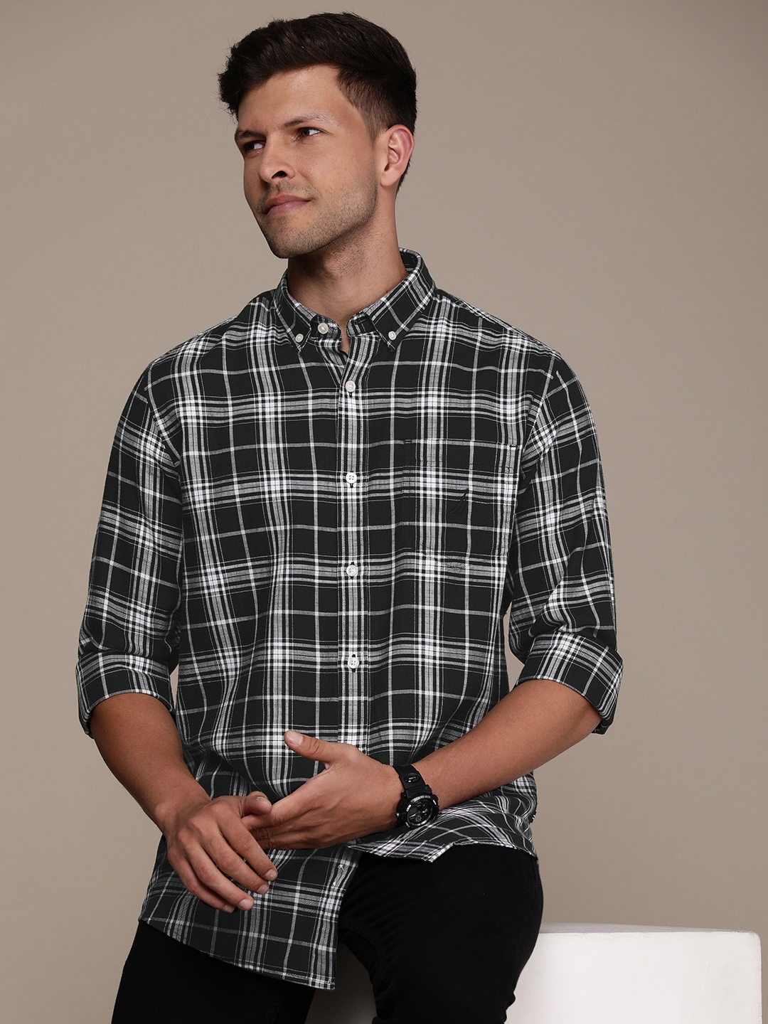 

Nautica Tartan Checked Pure Cotton Casual Shirt, Black