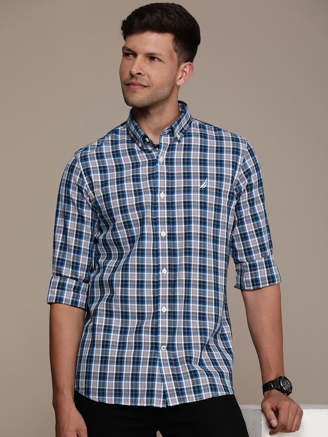 

Nautica Checked Slim Fit Pure Cotton Casual Shirt, Blue