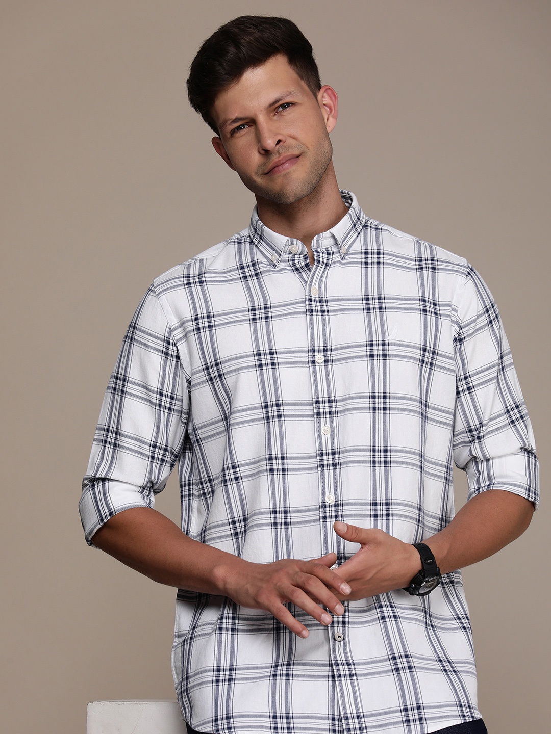 

Nautica Windowpane Checked Pure Cotton Casual Shirt, White