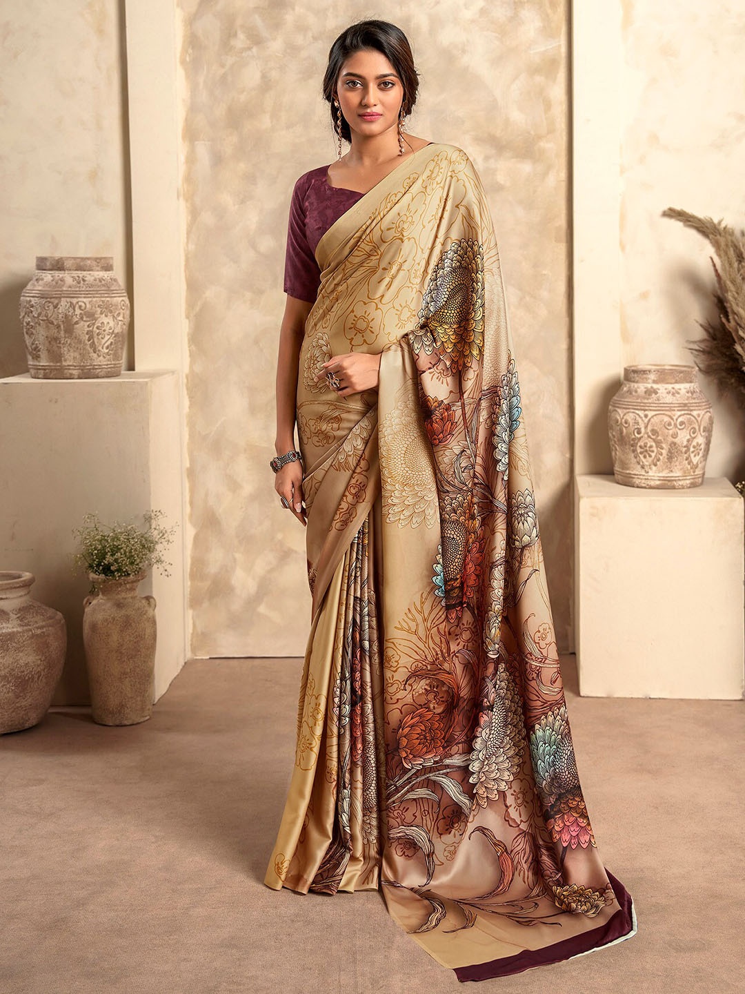 

elora Floral Printed Saree, Beige