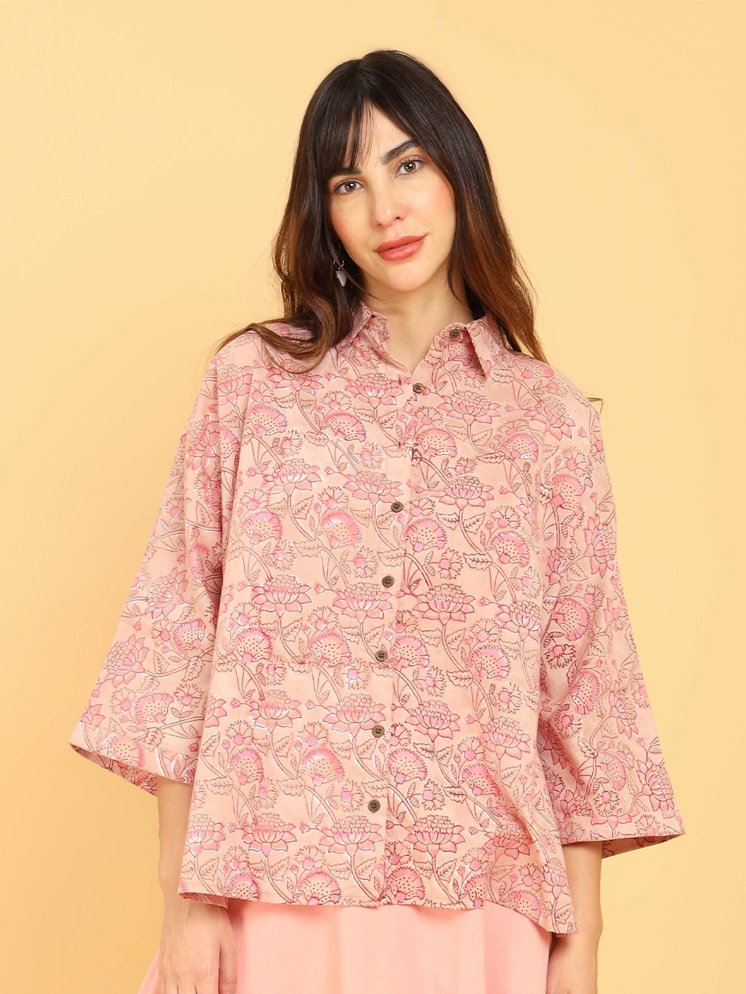

UNTUNG Standard Floral Printed Spread Collar Cotton Oversized Casual Shirt, Peach