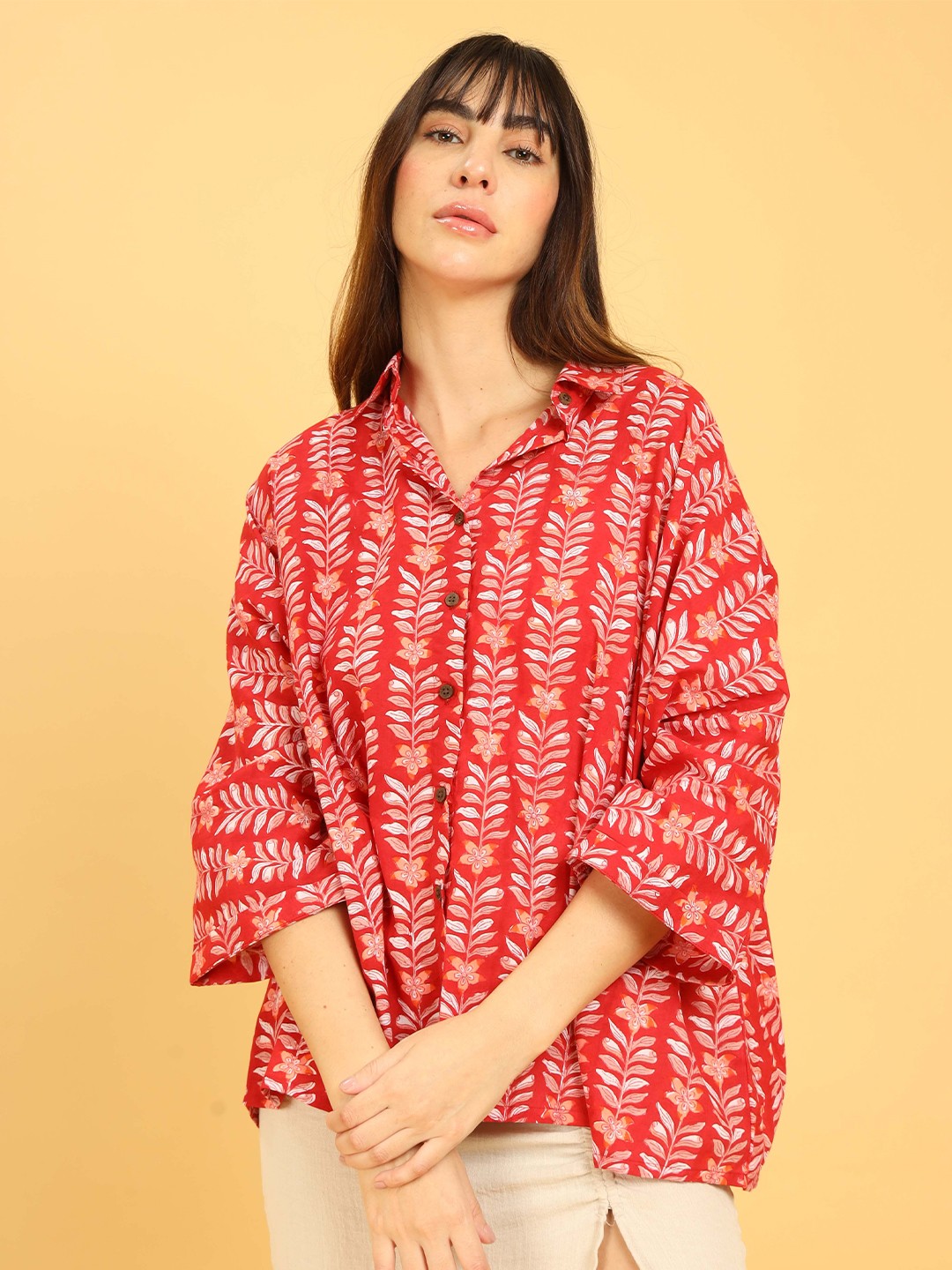 

UNTUNG Standard Floral Printed Spread Collar Cotton Oversized Casual Shirt, Red