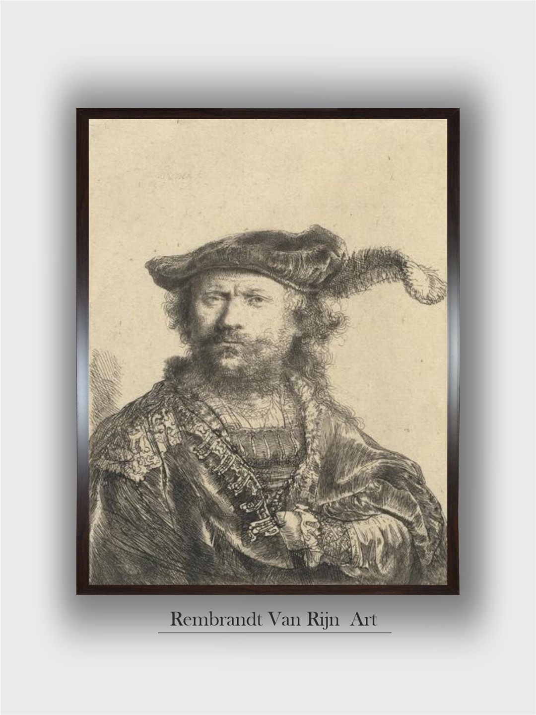 

The Art House Self Portrait in a Velvet Cap with Plume by Rembrandt Van Rijn Wall Painting, Beige