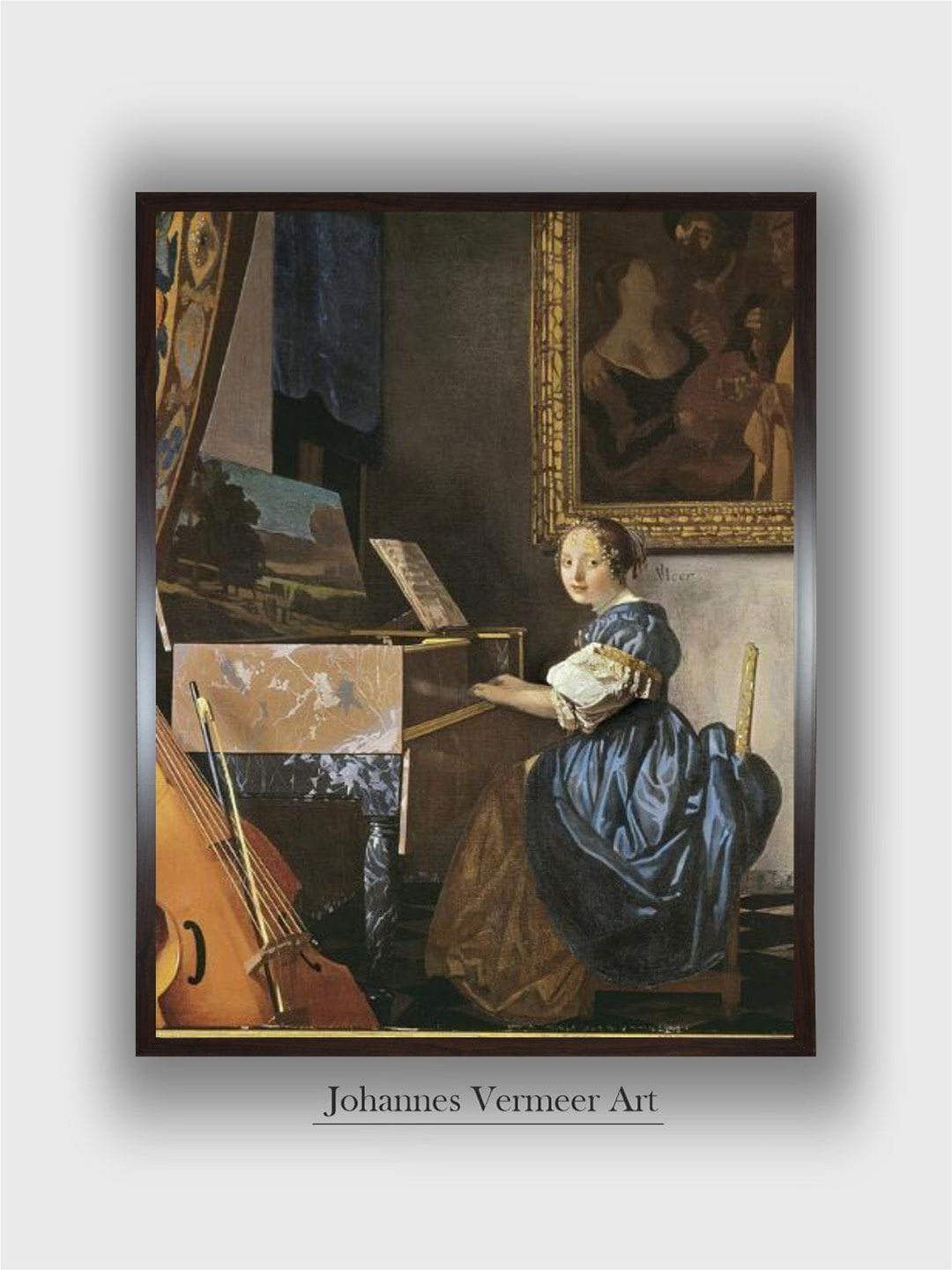 

The Art House Black A Young Woman Seated at a Virginal by Johannes Vermeer Wall Painting