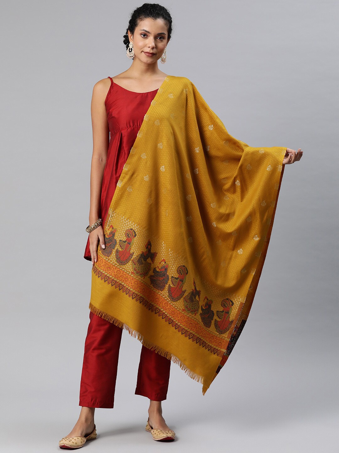 

Sangria Ethnic Motifs Woven Design Winter Pashmina Woollen Stole, Mustard