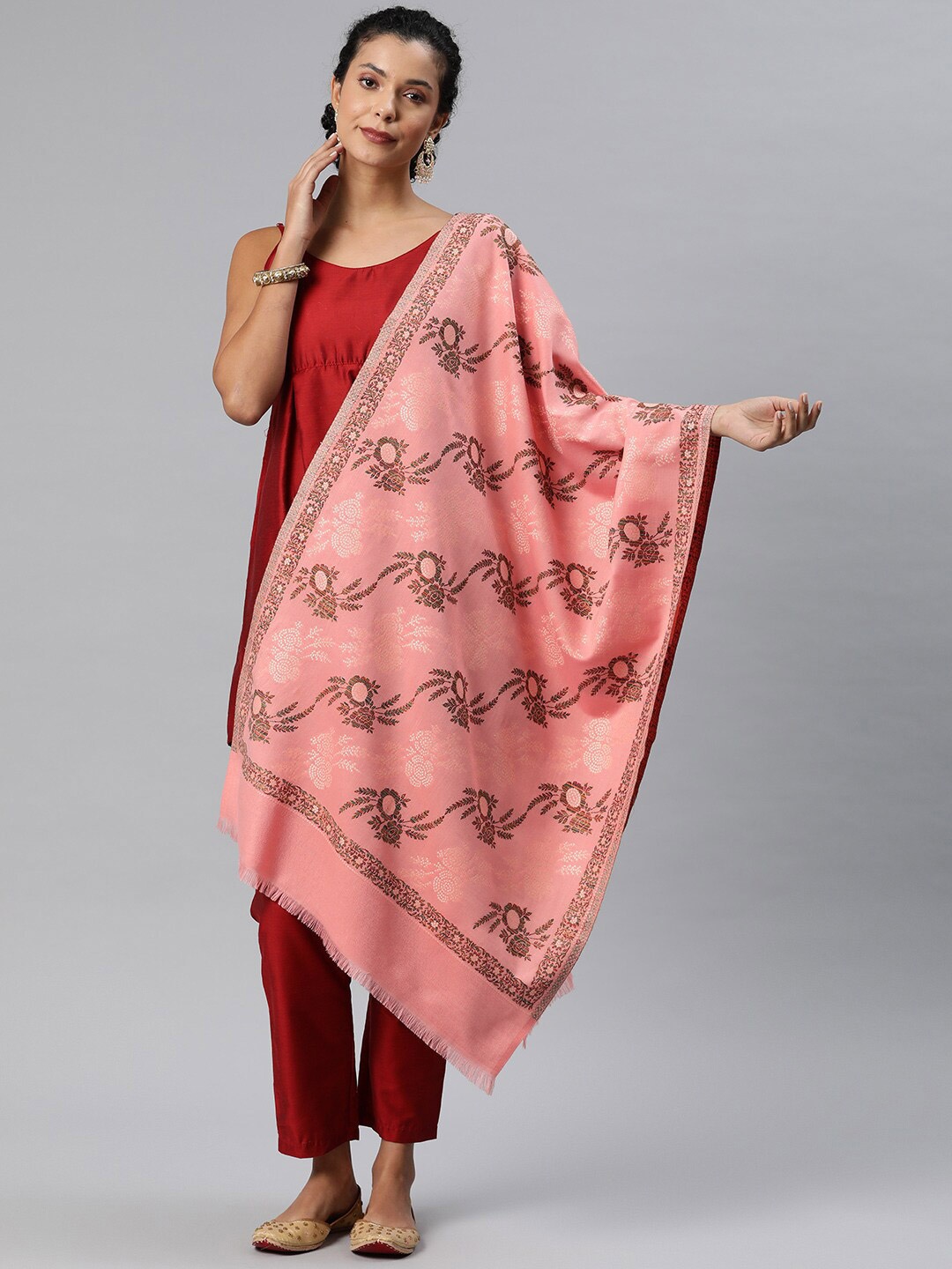 

Sangria Ethnic Motifs Woven Design Winter Pashmina Woollen Stole, Pink