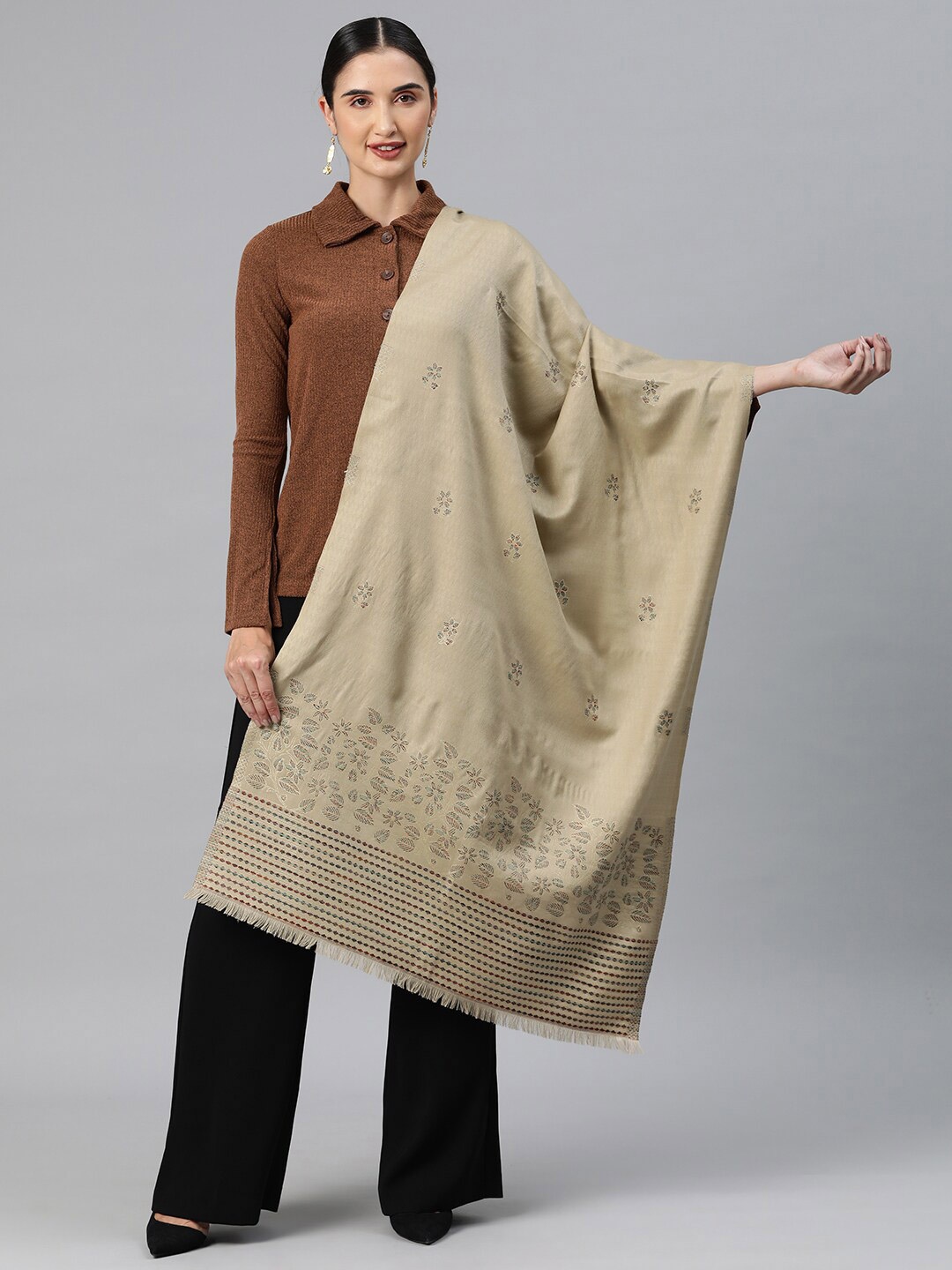 

Sangria Ethnic Motifs Woven Design Winter Pashmina Woollen Stole, Beige