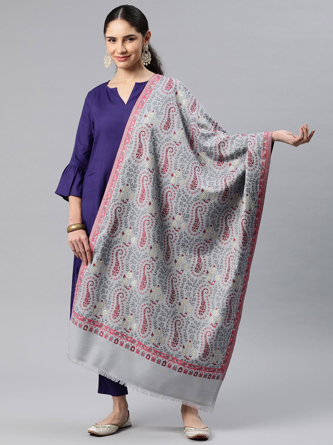 

Sangria Ethnic Motifs Woven Design Winter Pashmina Woollen Stole, Grey