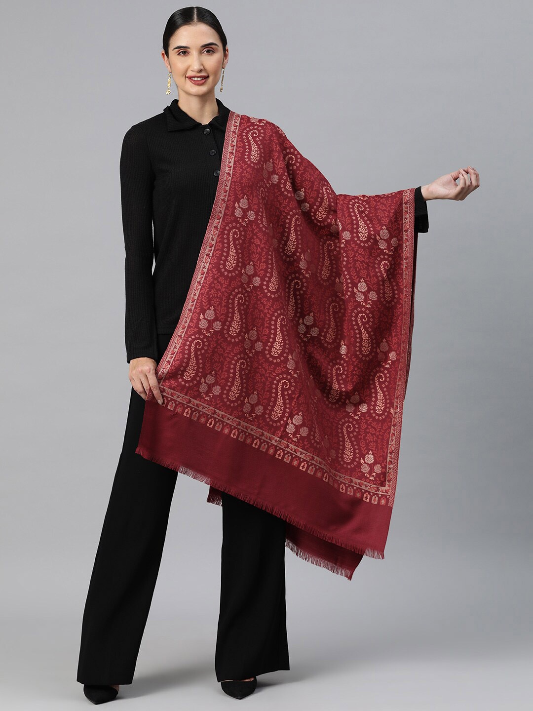 

Sangria Ethnic Motifs Woven Design Winter Pashmina Woollen Stole, Maroon