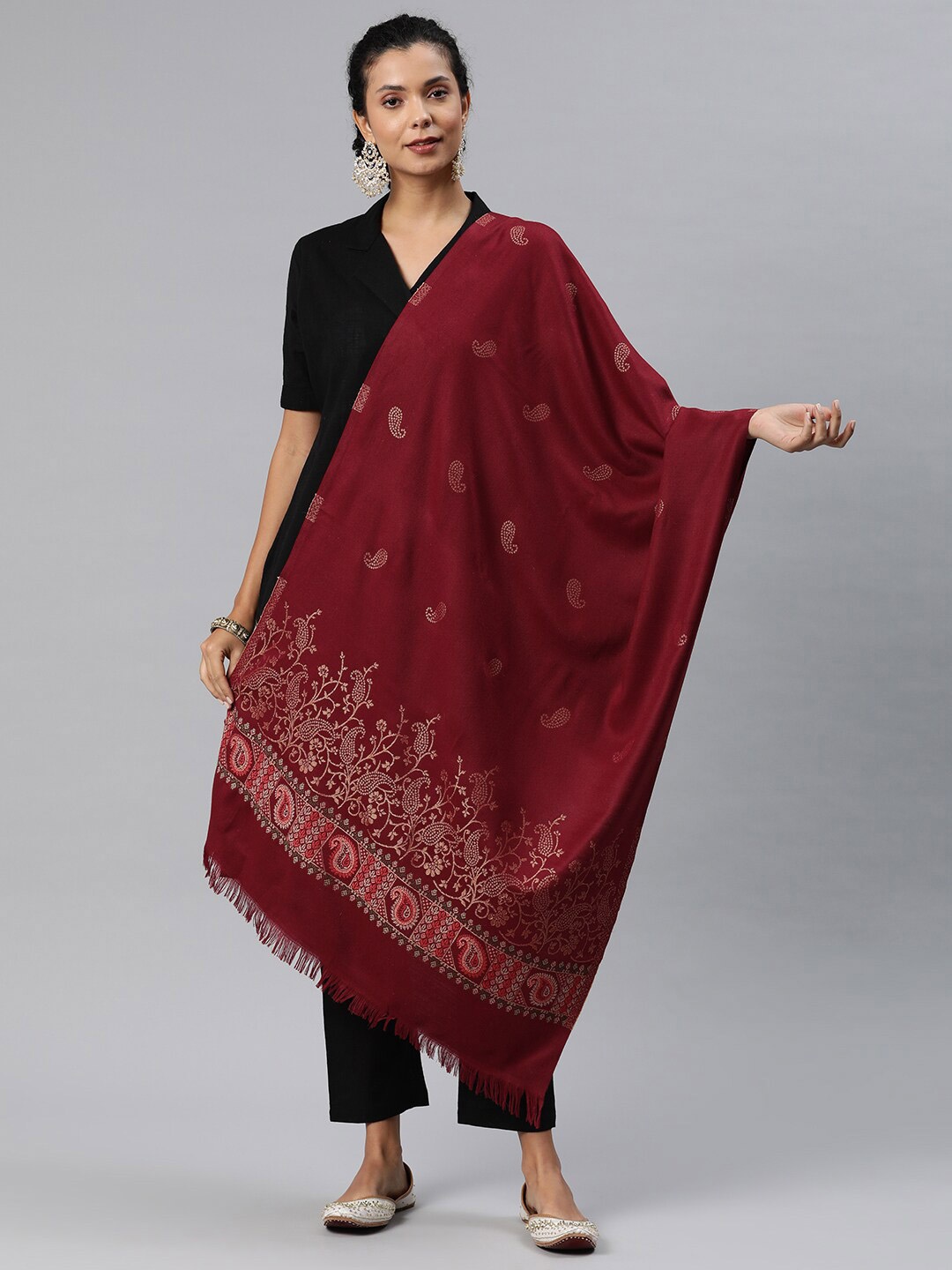 

Sangria Paisley Woven Design Woollen Pashmina Stole, Maroon