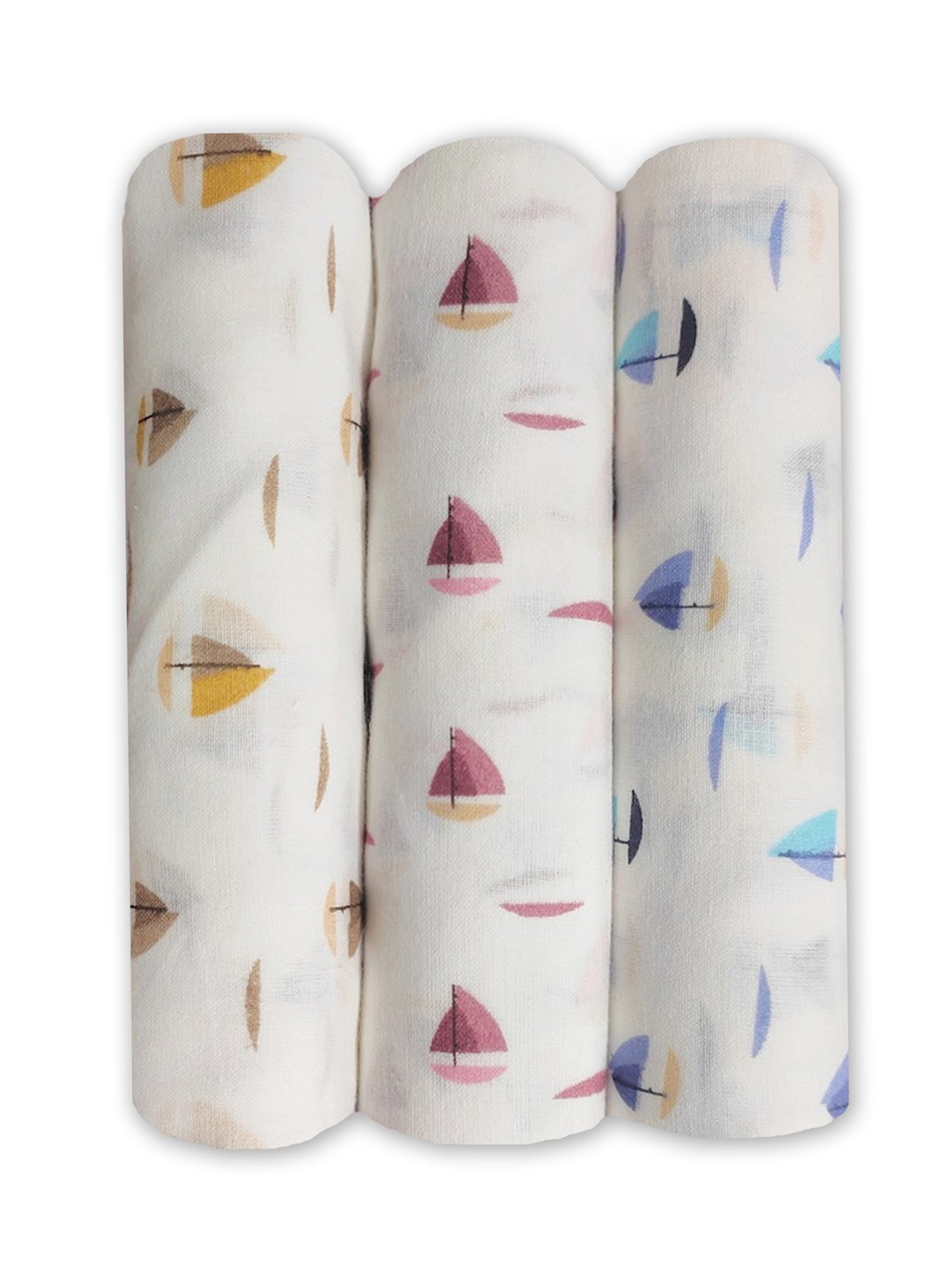 Trance Home Linen White Boats Large Size Set of 3 Cotton Baby Swaddle Wrap