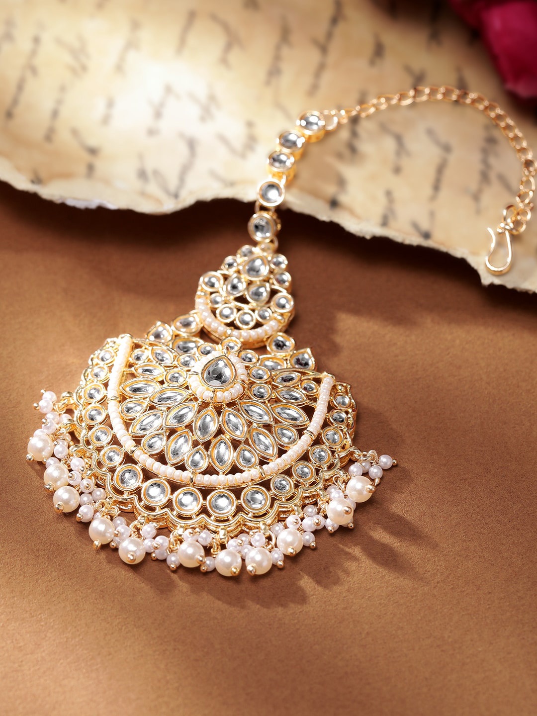 

Rubans Gold-Plated Kundan-Studded & Beaded Maang Tikka