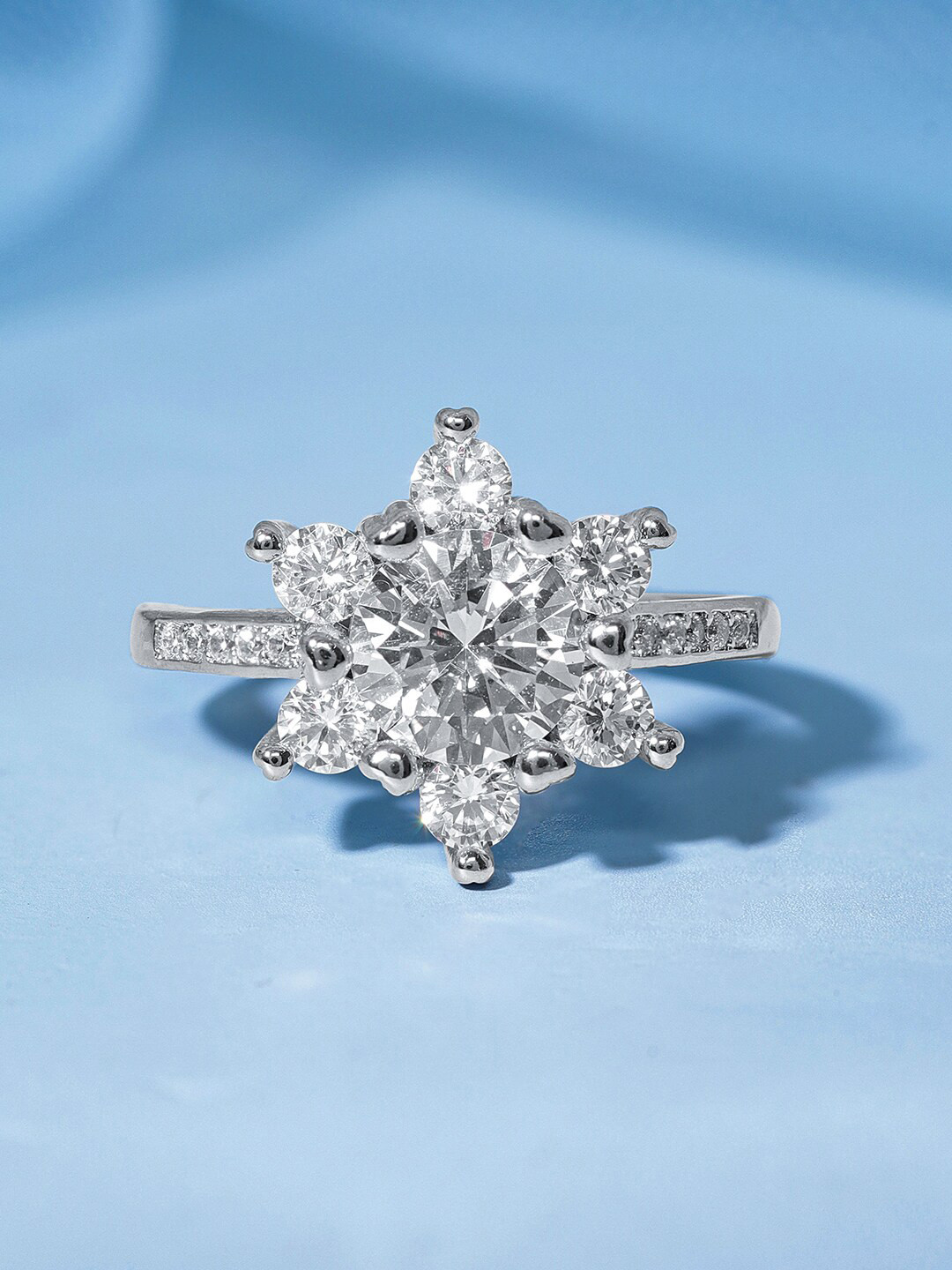 

Rubans Radiant Sparkle Rhodium Silver-Plated CZ Studded Adjustable Finger Ring