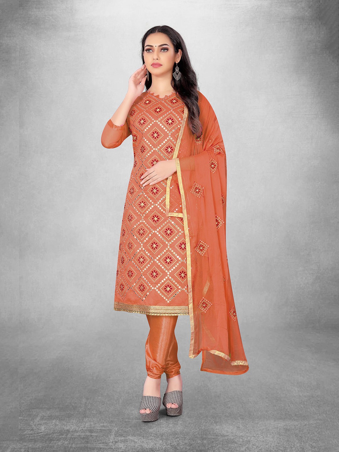 

MANVAA Geometric Embroidered Mirror Work Unstitched Dress Material, Peach