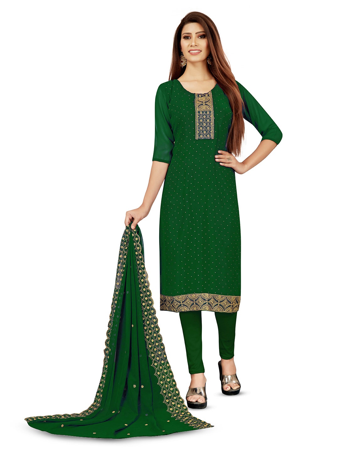 

MANVAA Ethnic Motifs Embroidered Unstitched Dress Material, Green