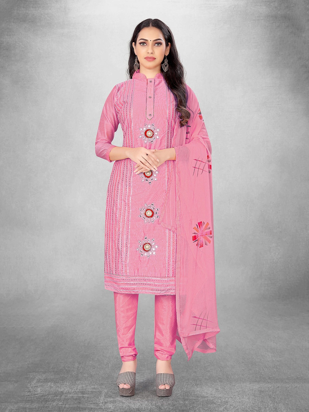 

MANVAA Floral Embroidered Mirror Work Unstitched Dress Material, Pink