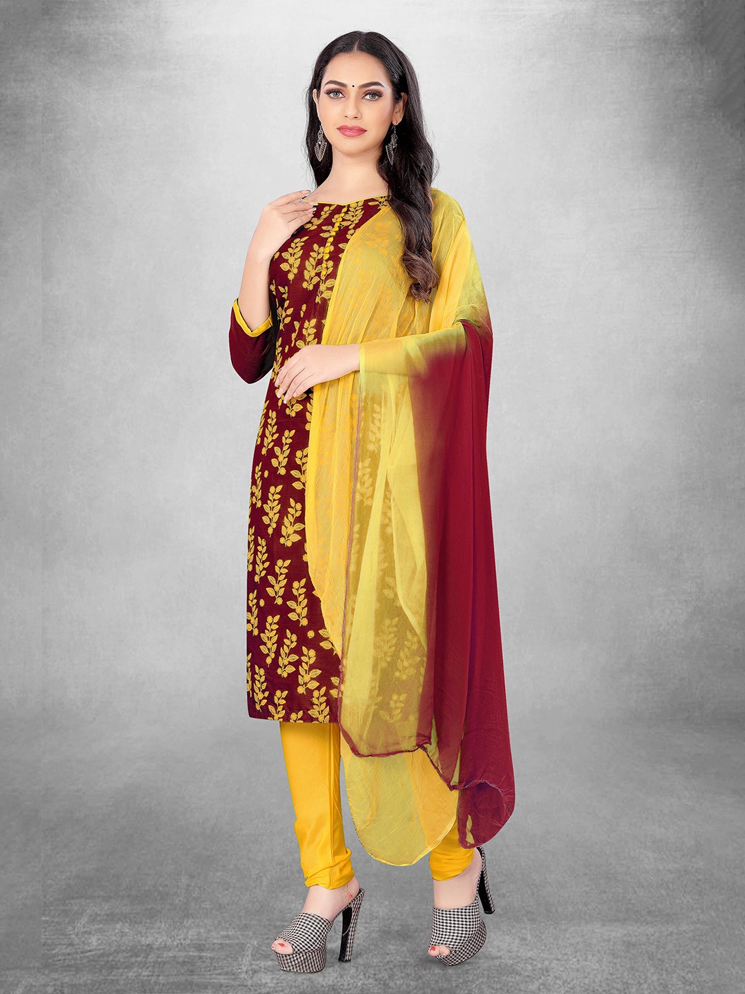 

MANVAA Floral Printed Unstitched Dress Material, Maroon