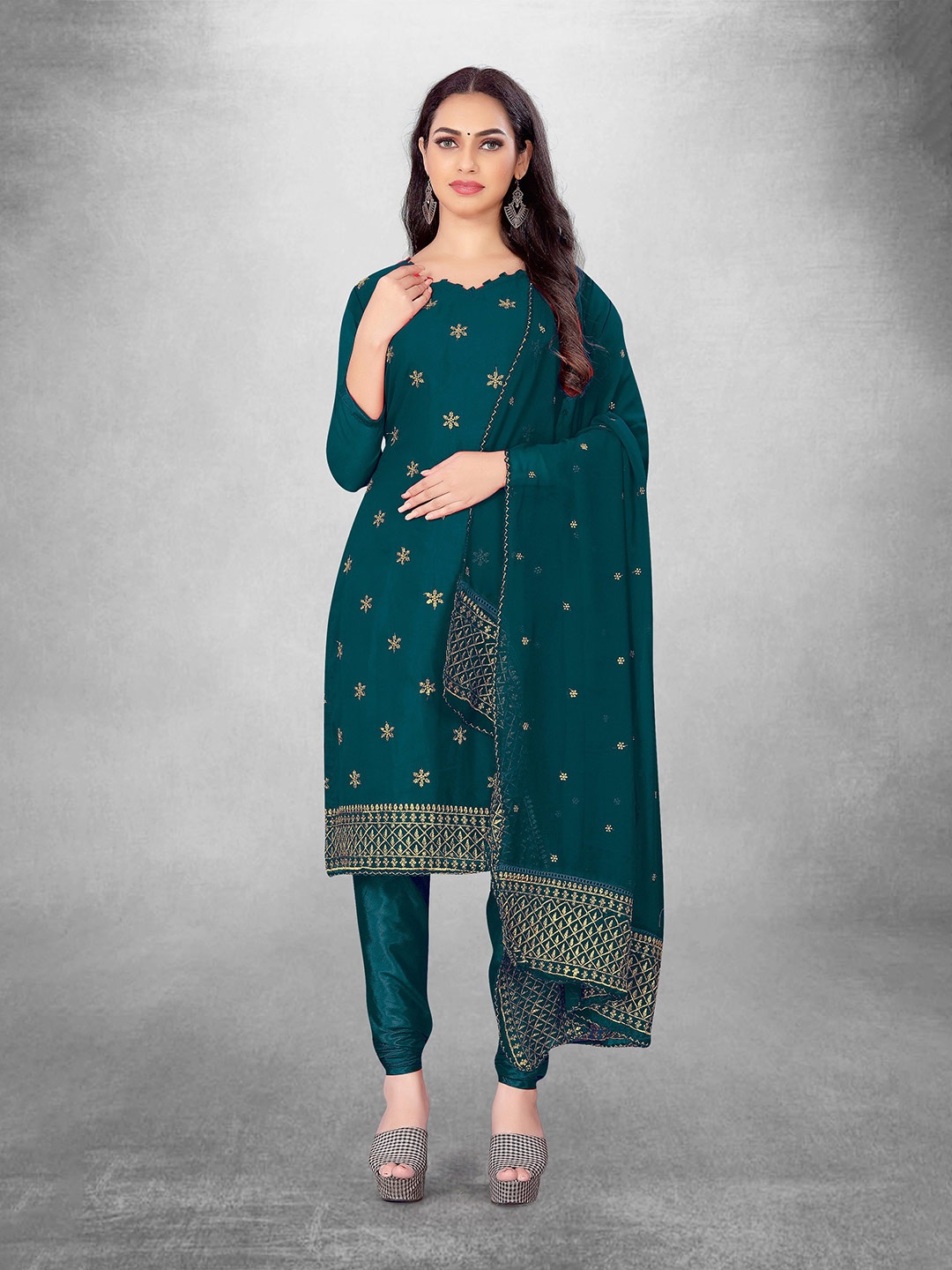 

MANVAA Floral Embroidered Unstitched Dress Material, Blue