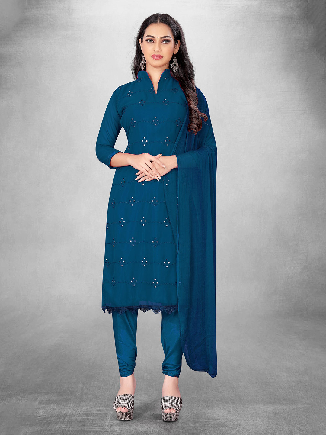 

MANVAA Ethnic Motifs Embroidered Unstitched Dress Material, Blue