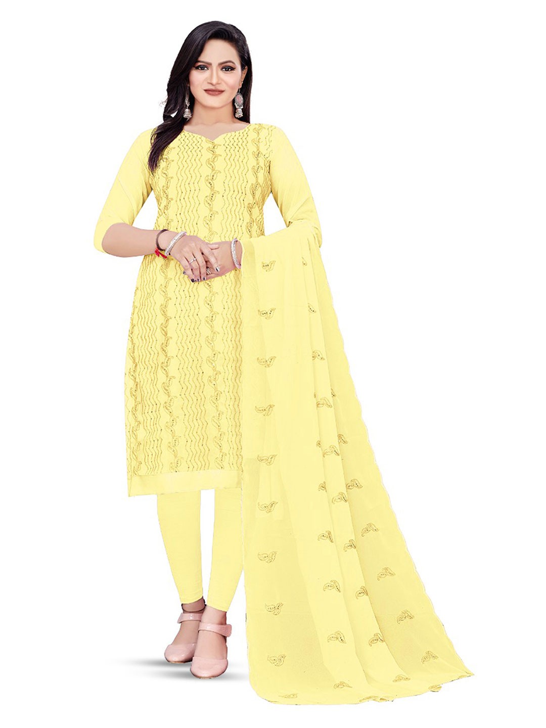 

MANVAA Embroidered Silk Georgette Unstitched Dress Material, Yellow