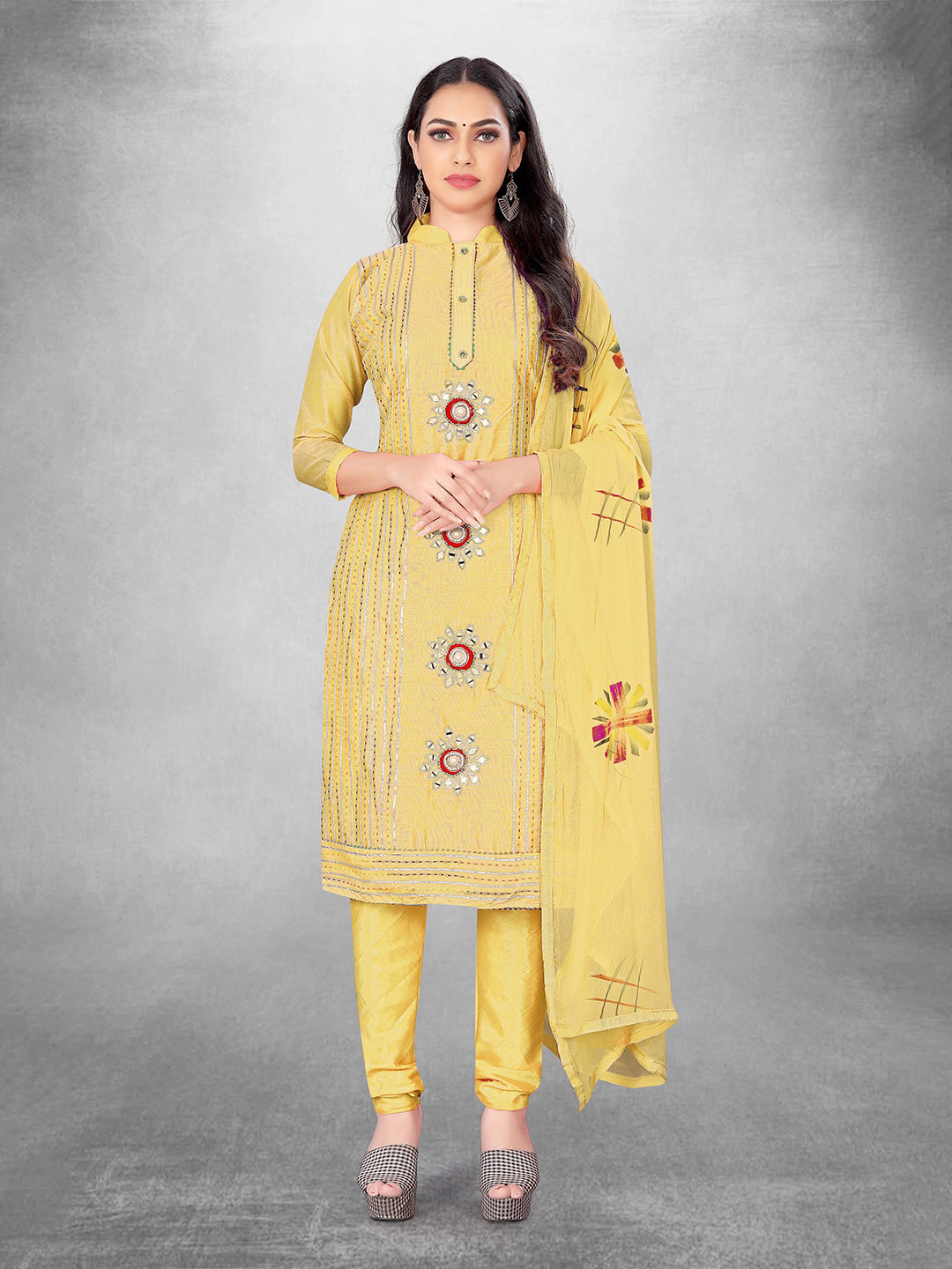 

MANVAA Floral Embroidered Mirror Work Unstitched Dress Material, Yellow