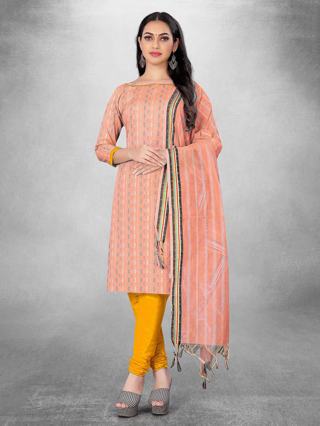 

MANVAA Striped Unstitched Dress Material, Peach