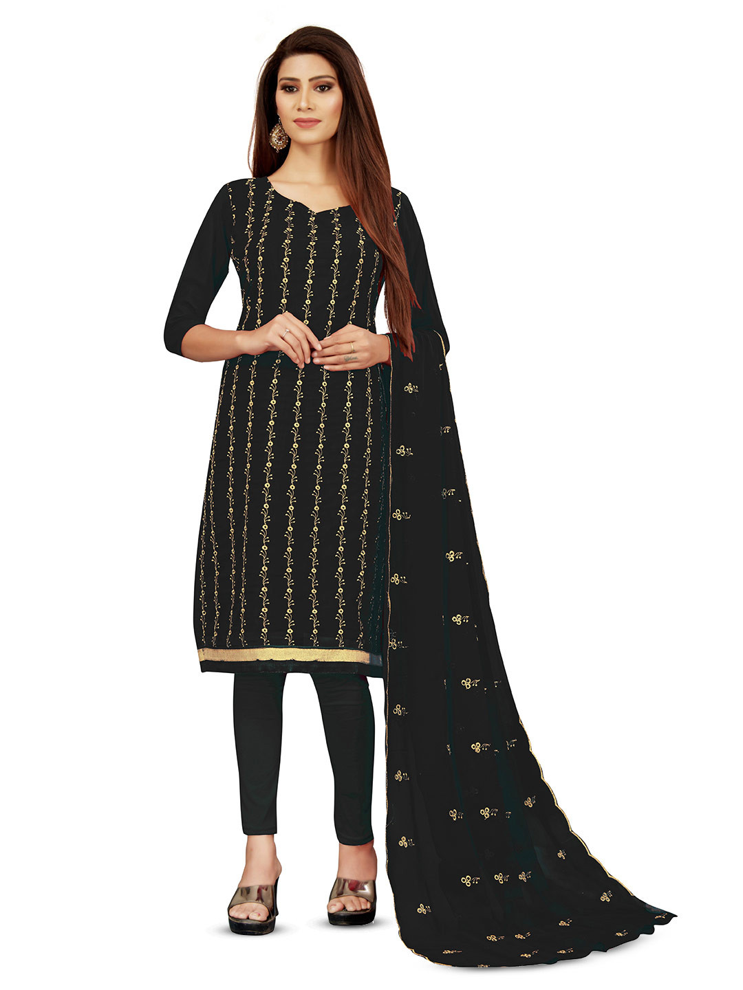 

MANVAA Floral Embroidered Unstitched Dress Material, Black
