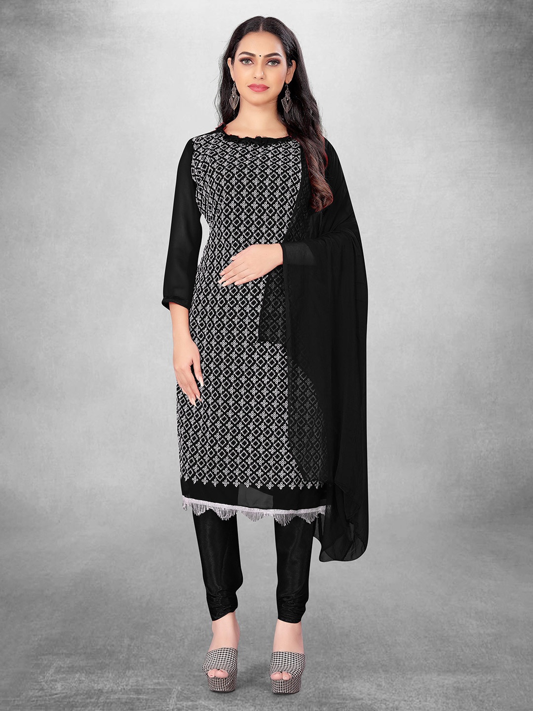 

MANVAA Ethnic Motifs Embroidered Unstitched Dress Material, Black