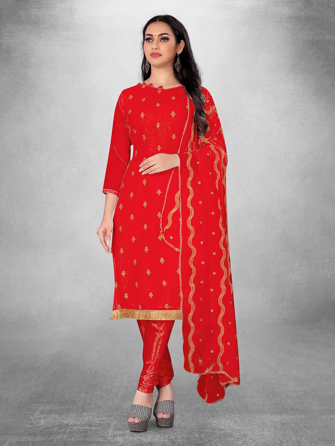 

MANVAA Floral Embroidered Unstitched Dress Material, Red