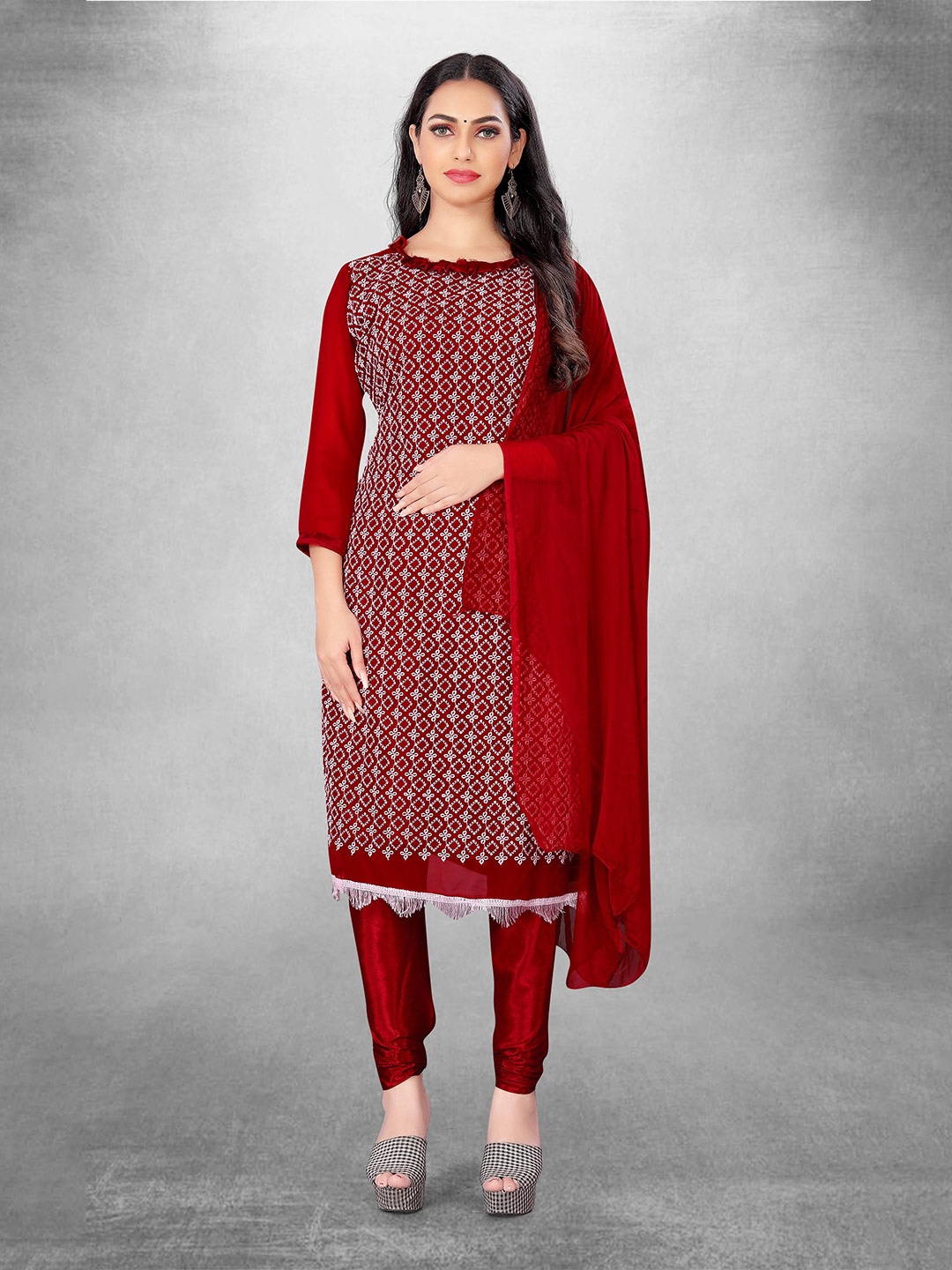 

MANVAA Ethnic Motifs Embroidered Unstitched Dress Material, Red
