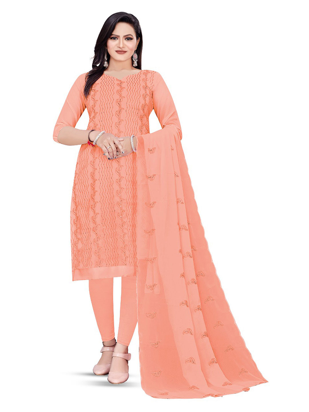 

MANVAA Paisley Embroidered Sequinned Unstitched Dress Material, Peach