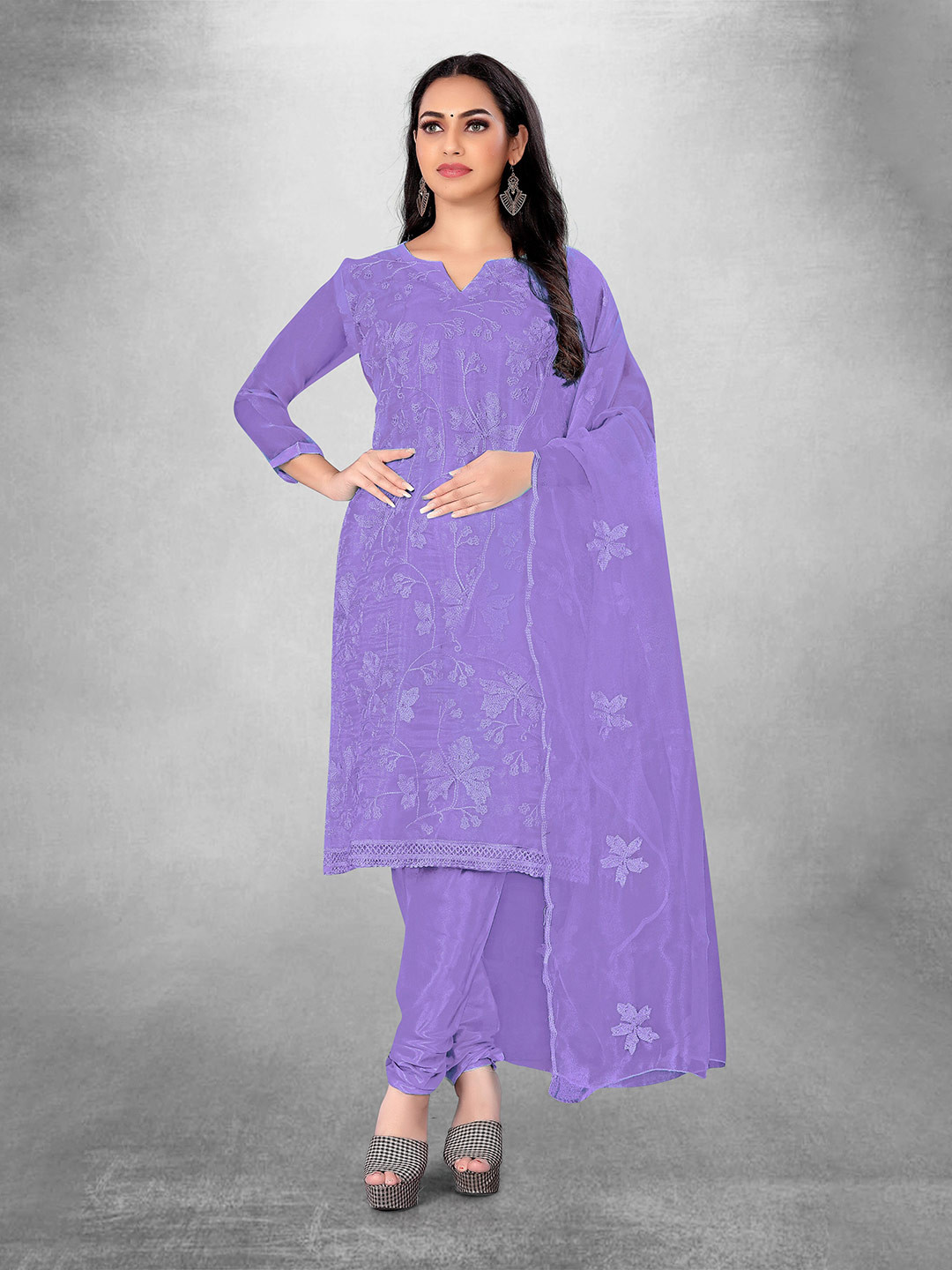 

MANVAA Floral Embroidered Unstitched Dress Material, Purple