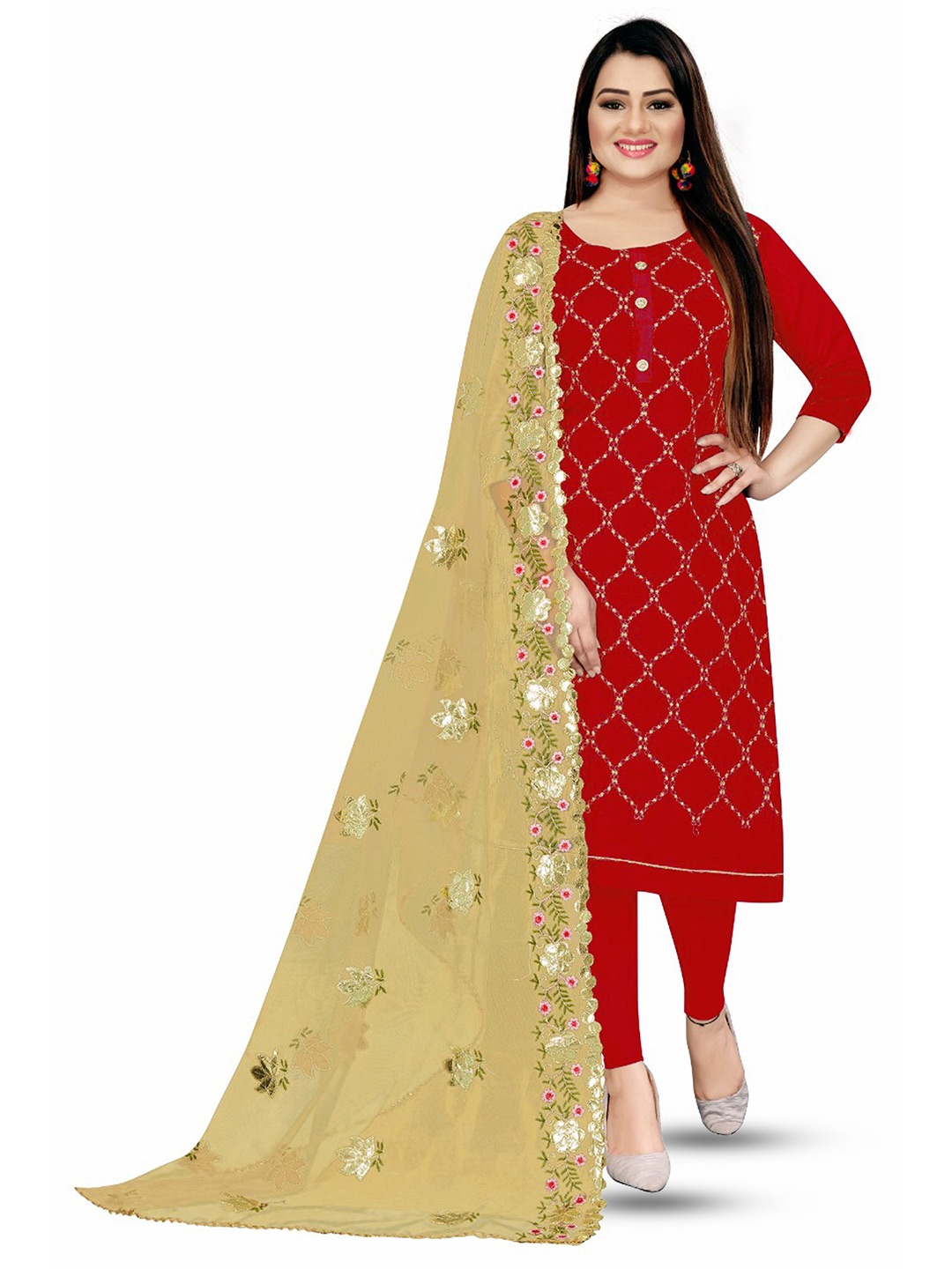 

MANVAA Floral Embroidered Unstitched Dress Material, Red