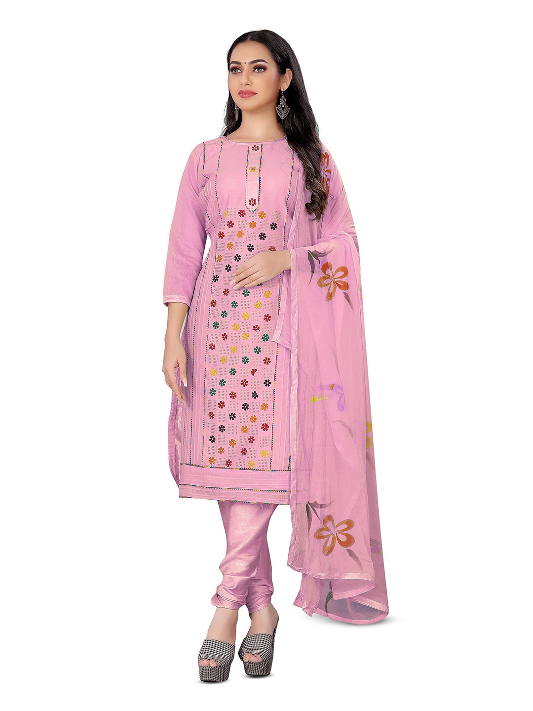 

MANVAA Floral Printed Gotta Patti Unstitched Dress Material, Pink