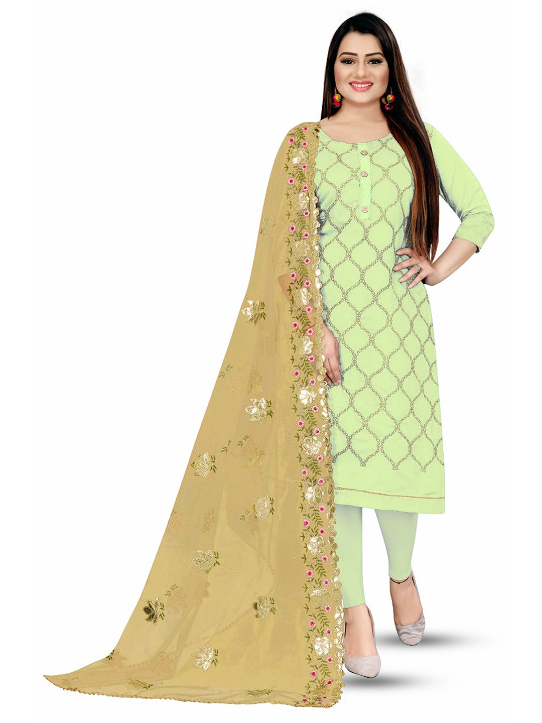 

MANVAA Floral Embroidered Unstitched Dress Material, Green