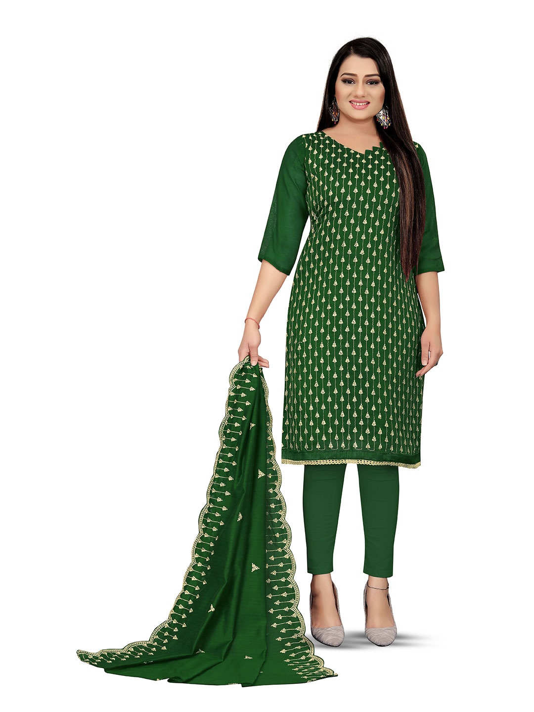 

MANVAA Ethnic Motifs Embroidered Unstitched Dress Material, Green